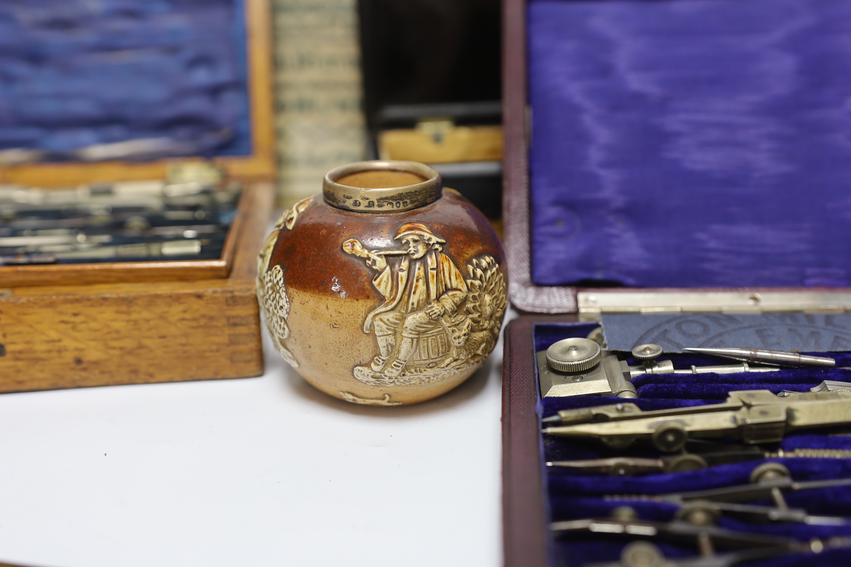 Sundry items and collectables including telescope, drawing sets, an alphabet sampler and an inlaid lacquered box, largest 51cm in length